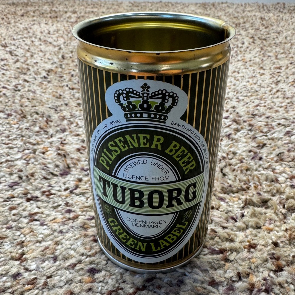 Vintage Tuborg Green Label Pilsener Beer Can Empty Collectible Gold Green Stripe